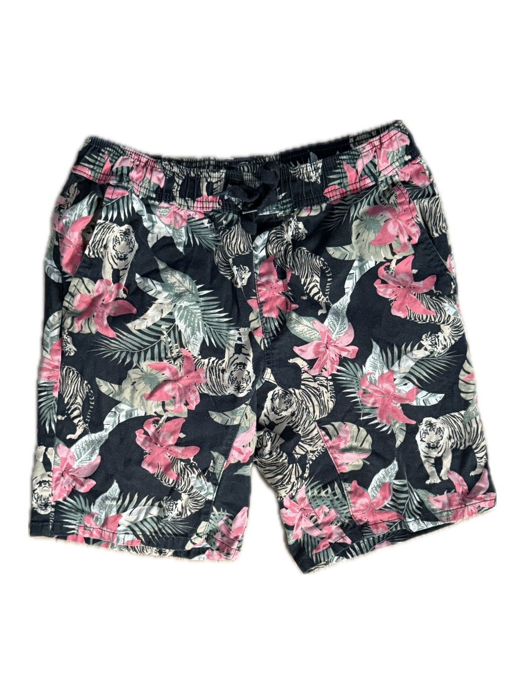 George Men’s Tropical Tiger Floral Drawstring Shorts Size M 32-34 Black Pink